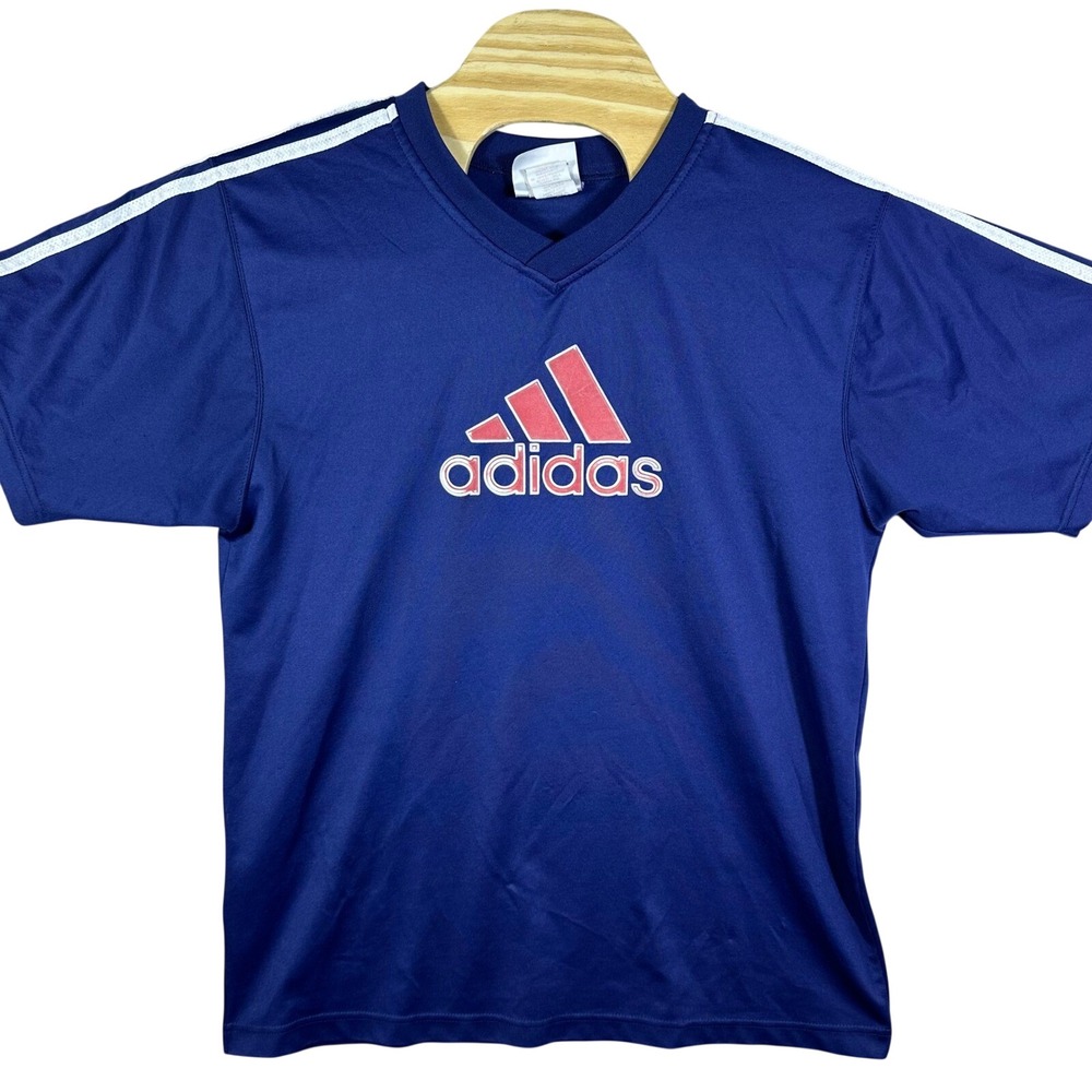 VINTAGE 90s Adidas T-Shirt Men L Blue V-Neck Graphic Soccer Made in USA